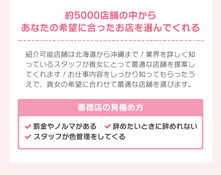 約5000店舗の中からあなたの希望に合ったお店を選んでくれる